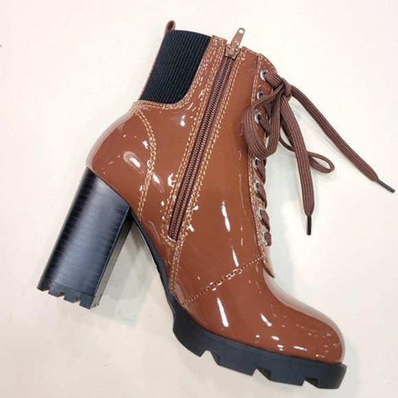 BAMBOO Shoes - Cognac Shiny Glossy Man Made Leather Lace Up Chunky Bootie